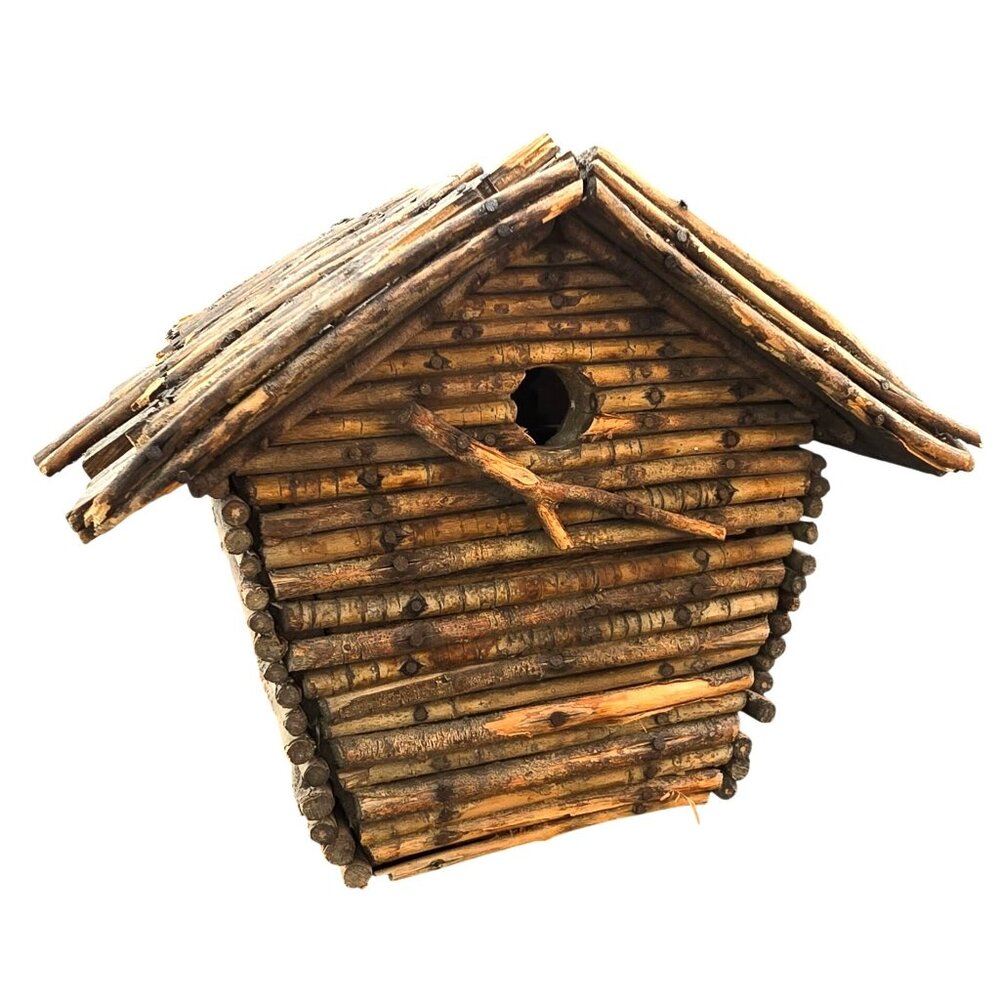 Twig Birdhouse With Log Cabin Design Vintage Décor Rustic Handmade Wooden CM2258